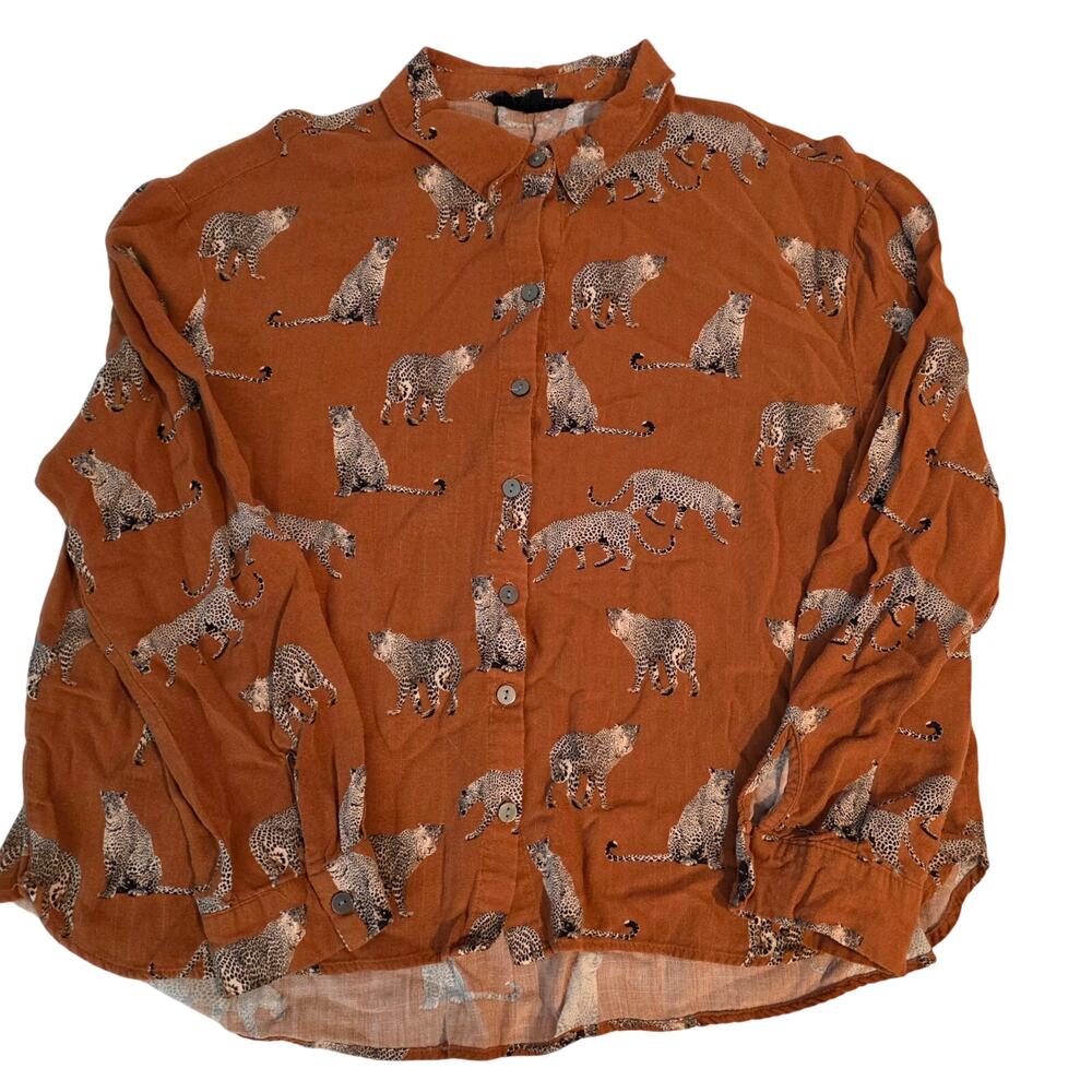 Jane+Delancey Leopard All Over Print Button Down Shirt Rust Orange Womens Size L